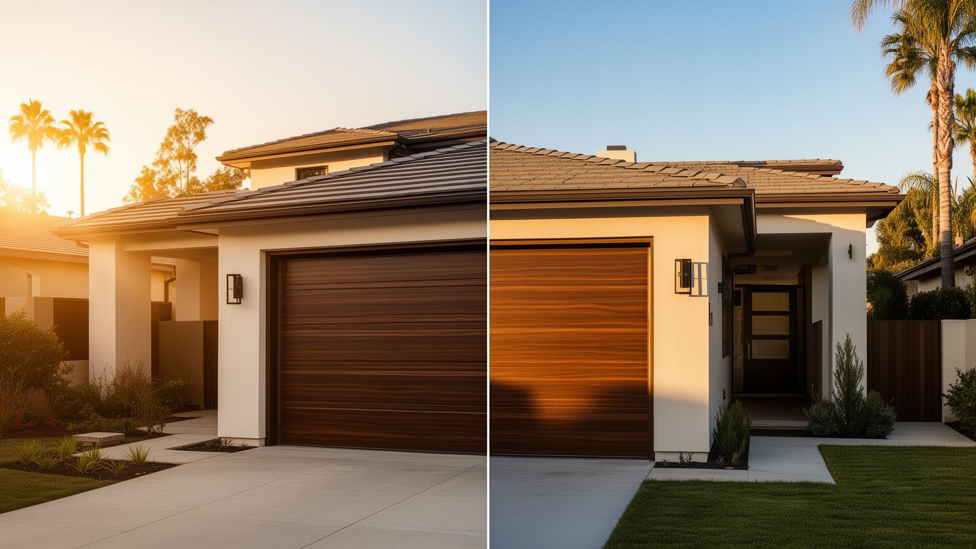Professional garage door installation in Costa Mesa - modern residential home with elegant wood grain garage door